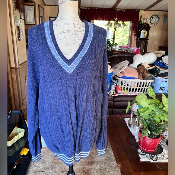 Vintage 1991 Jantzen Knit Navy Blue striped Mens Made In USA Pullover Cardigan. - Picture 14 of 16